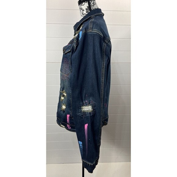 Create 2MRW Jean Jacket Womens Sz Large Distressed Hand Painted Cotton Blue - Picture 4 of 13